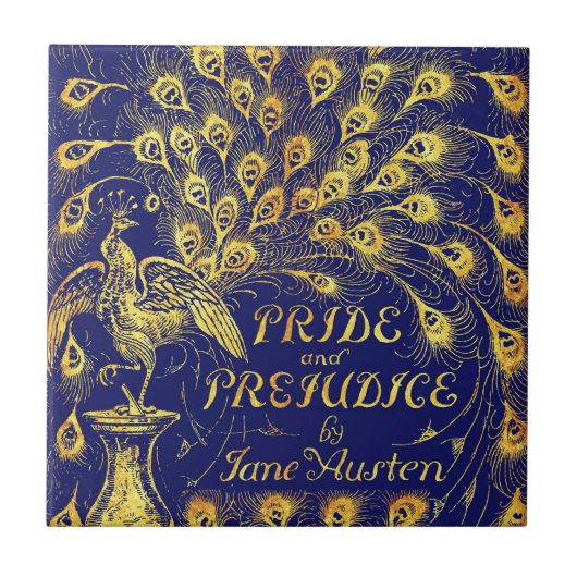 Pride and Prejudice Blue Gold Peacock Book Hoesje Tegeltje (Voorkant)