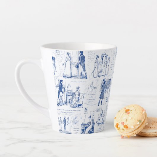 Pride and Prejudice Blue Toile Quotes Latte Mok (In situ)