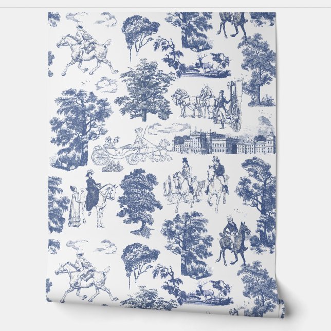 Pride and Prejudice Horses Blauw Wit Toile Behang (Afrollen)