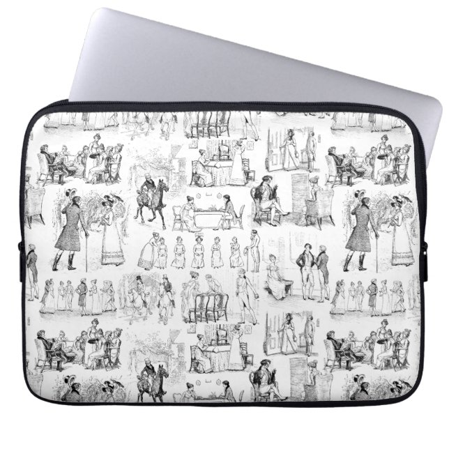Pride and Prejudice Toile de Jouy Zwart-wit Laptop Sleeve (Voorkant)