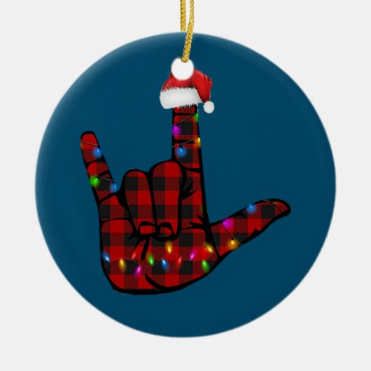 Pride ASL Merry Kerstgebarentaal Rood Geplakt Keramisch Ornament (Voorkant)