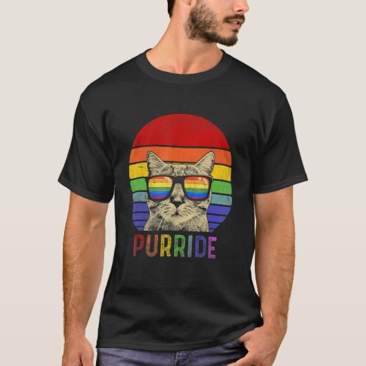 Pride Cat Purride Gay LGBTQ Rainbow Flag Retro Sty T-shirt (Voorkant)