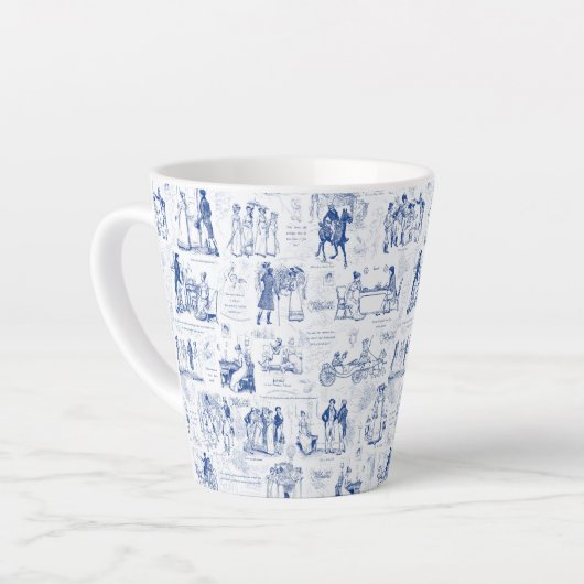 Pride en vooroordelen Blue Toile Quotes Latte Mok (Linkerhoek)