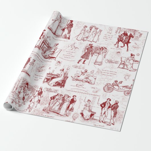 Pride en Vooroordelen Rode Toile Citaten Illustrat Cadeaupapier (Uitgerold)