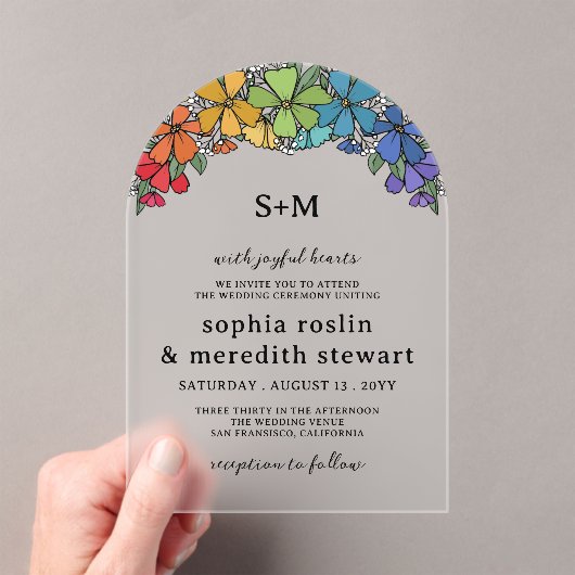 Pride Flowers Arch Monogram LGBT Wedding Acryl Uitnodigingen (Insitu (Draagbaar))