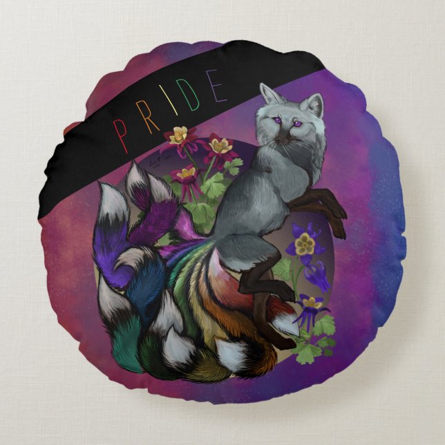 Pride Kitsune en Columbine Flowers Rond Kussen (Voorkant)
