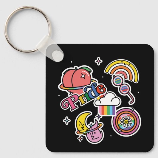 Pride+LGBTQ. Liefde trots. Rainbooghart met bloem Sleutelhanger (Voorkant)