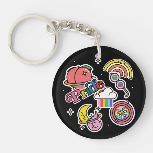 Pride+LGBTQ. Liefde trots. Rainbooghart met bloem Sleutelhanger (Voorkant)