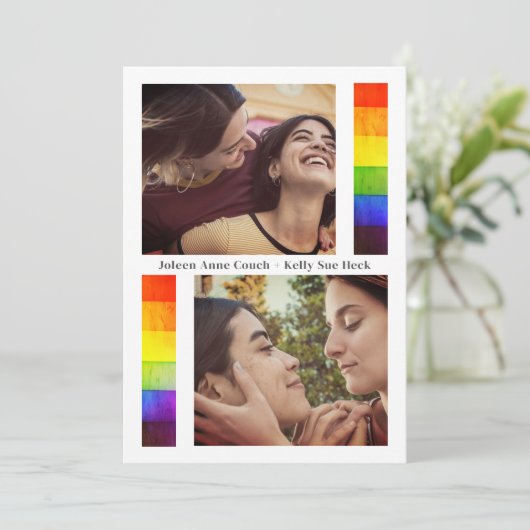Pride Rainbow Flag Lesbian Gay Wedding 2 Photos Save The Date (Staand voorkant)