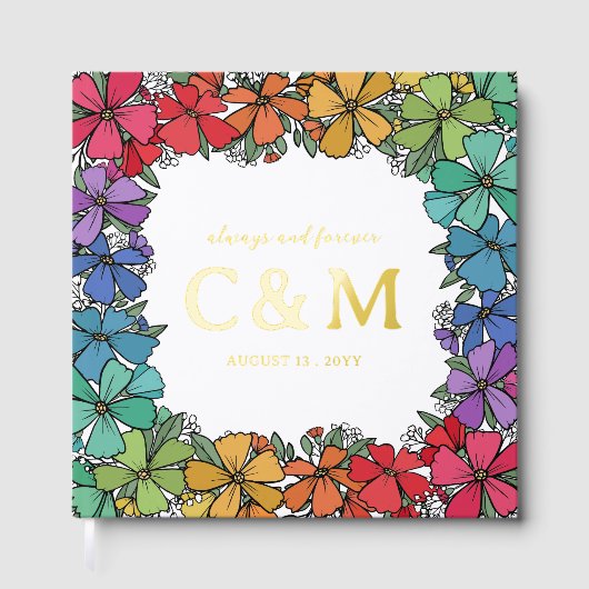 Pride Rainbow Floral Wreath Gold LGBTQ Wedding Gastenboek (Voorkant)