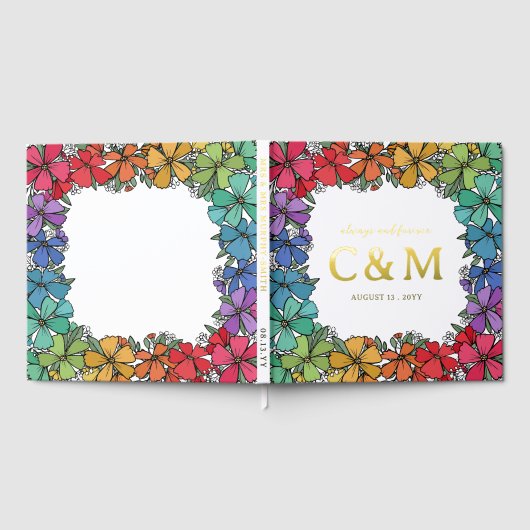 Pride Rainbow Floral Wreath Gold LGBTQ Wedding Gastenboek (Volledig)