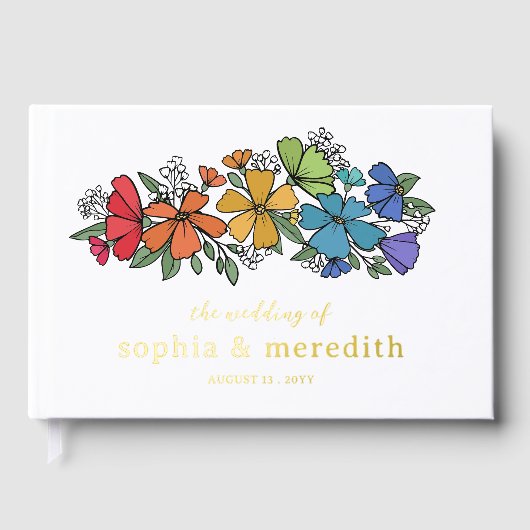 Pride Rainbow Flowers Gold LGBTQ Wedding Gastenboek (Voorkant)
