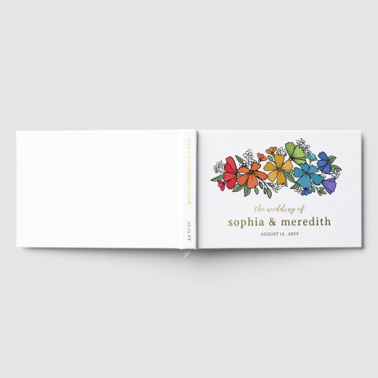 Pride Rainbow Flowers Gold LGBTQ Wedding Gastenboek (Volledig)