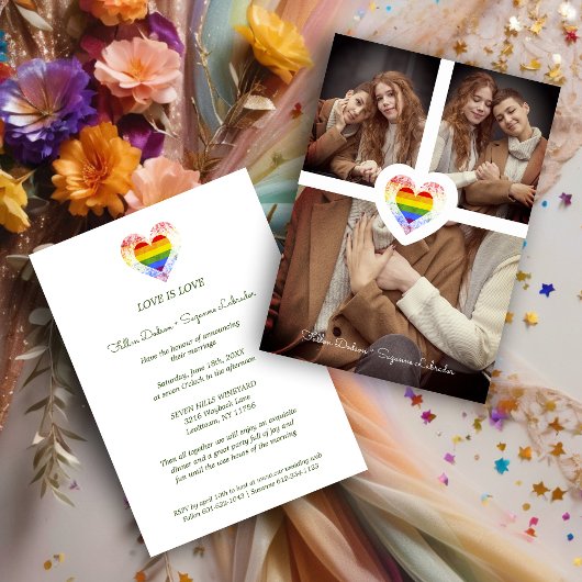 Pride Rainbow Heart Lesbian Gay Wedding 3 Kaart