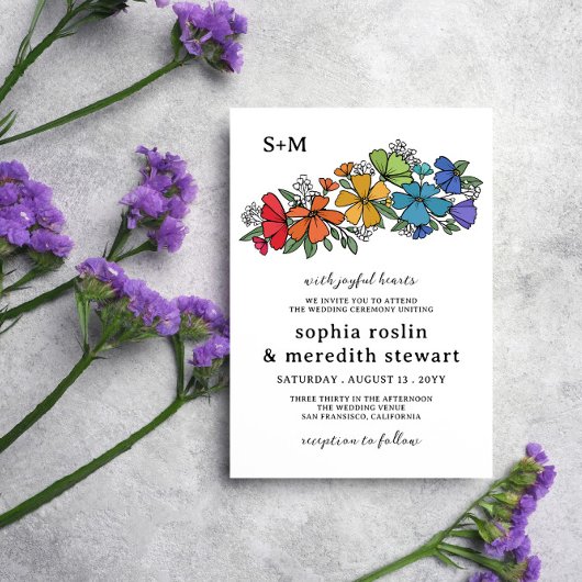 Pride Regenboog Bloemen Monogram LGBT Bruiloft Kaart