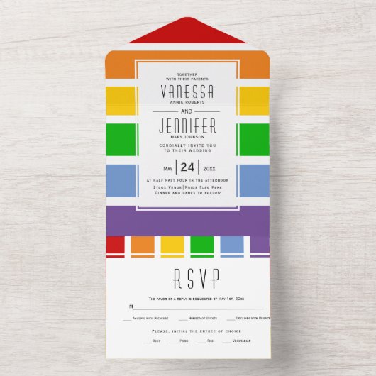 Pride vlag streept homoseksuele, lesbische bruilof all in one uitnodiging (Binnen)