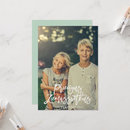 Priecigus Ziemassvetkus Script Fotogroet Kaart (Voorkant / Achterkant in situ)