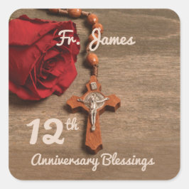 Priest 12th Ordination Jubileum Roos and Rosary Vierkante Sticker