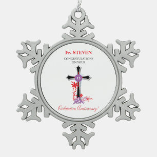 Priest 15th Ordination Jubileum Black Cross Tin Sneeuwvlok Ornament