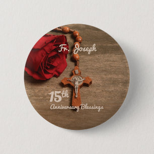 Priest 15th Ordination Jubileum Roos and Rosary Ronde Button 5,7 Cm