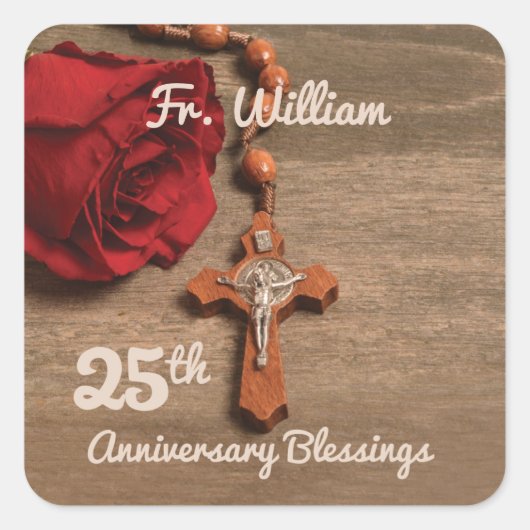 Priest 25th Ordination Jubileum Roos and Rosary Vierkante Sticker (Voorkant)