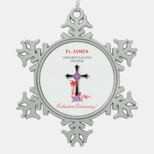 Priest 5th Ordination Jubileum Black Cross Tin Sneeuwvlok Ornament