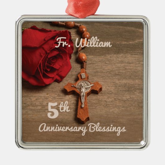 Priest 5th Ordination Jubileum Roos and Rosary Metalen Ornament (Voorkant)