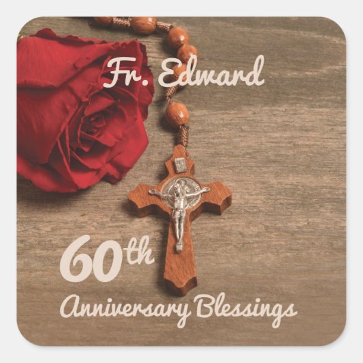 Priest 60th Ordination Jubileum Roos and Rosary Vierkante Sticker (Voorkant)