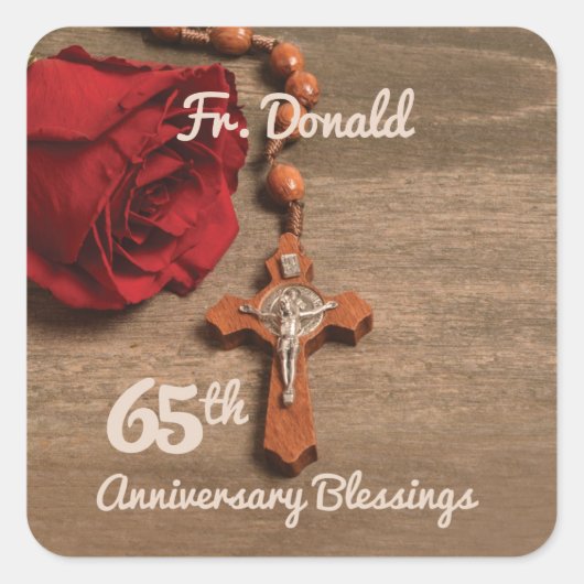 Priest 65th Ordination Jubileum Roos and Rosary Vierkante Sticker (Voorkant)