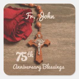 Priest 75th Ordination Jubileum Roos and Rosary Vierkante Sticker