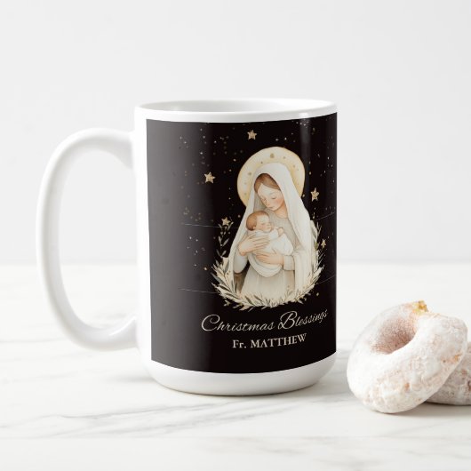 Priest Christmas Blessings Madonna Child Black Koffiemok (Met donut)