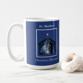 Priest Christmas Blessings, Nativity Scene on Blue Koffiemok