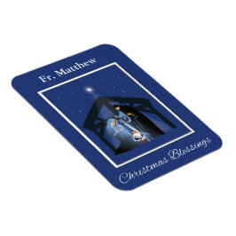 Priest Christmas Blessings, Nativity Scene on Blue Magneet