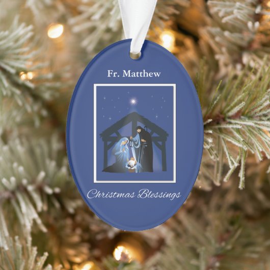 Priest Christmas Blessings, Nativity Scene on Blue Ornament (Boom)