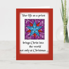 Priest Christmas Star Blauw op rode achtergrond Feestdagen Kaart