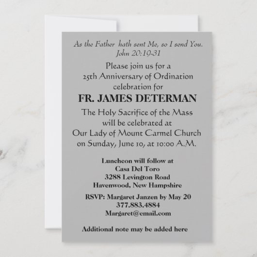 Priest met Jesus Silver Jubileum Uitnodiging (Achterkant)