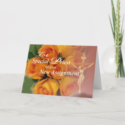 Priest nieuwe toewijzing gele rozen kruis kaart (Voorkant)