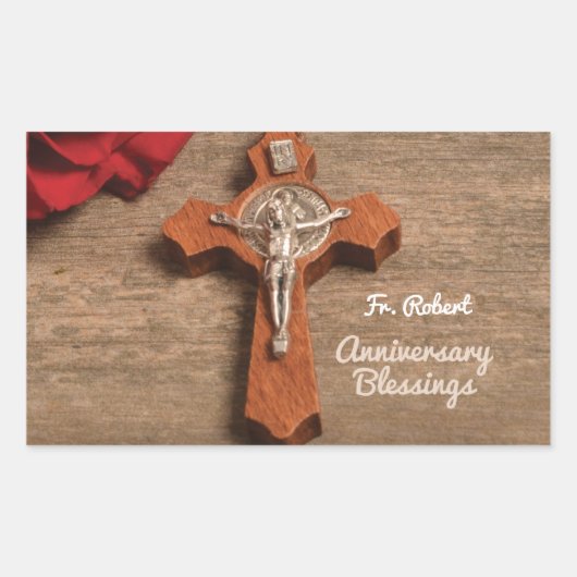 Priest Ordination Jubileum Red Rose en Rosary Rechthoekige Sticker (Voorkant)