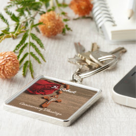 Priest Ordination Jubileum Red Rose en Rosary Sleutelhanger