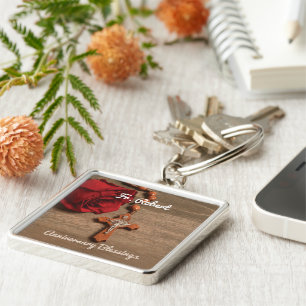 Priest Ordination Jubileum Red Rose en Rosary Sleutelhanger