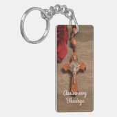 Priest Ordination Jubileum Red Rose en Rosary Sleutelhanger (Voorkant Links)