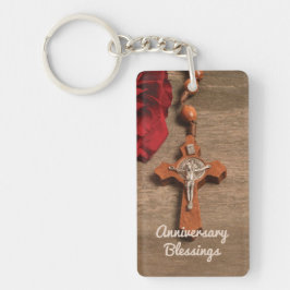 Priest Ordination Jubileum Red Rose en Rosary Sleutelhanger