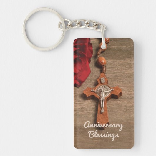 Priest Ordination Jubileum Red Rose en Rosary Sleutelhanger (Voorkant)