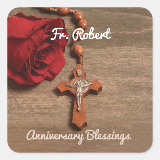 Priest Ordination Jubileum Red Rose en Rosary Vierkante Sticker (Voorkant)