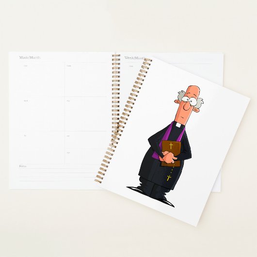 Priester met bijbel als grappig geestelijk karakte planner