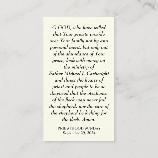 PRIESTERSCHAP ZONDAG GEPERSONALISEERDE GEBED KAART PLAATSKAARTJE (Achterkant)