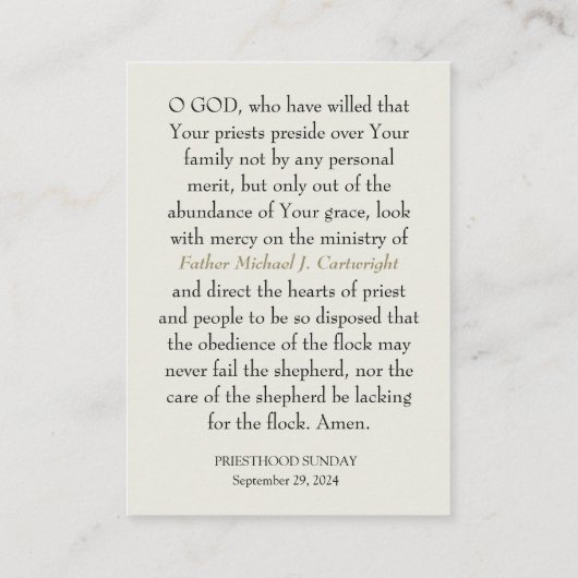 PRIESTERSCHAP ZONDAG GEPERSONALISEERDE GEBED KAART PLAATSKAARTJE (Achterkant)