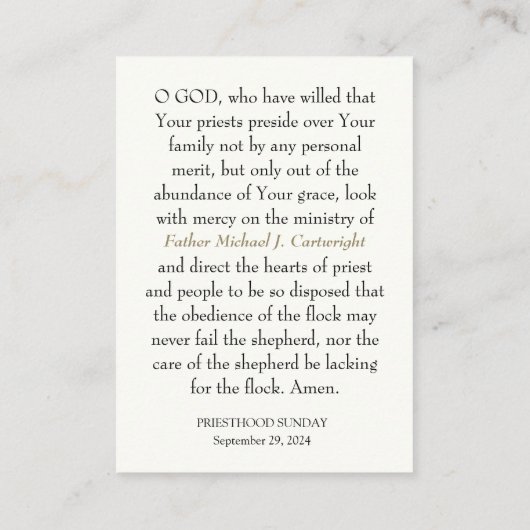 PRIESTERSCHAP ZONDAG GEPERSONALISEERDE GEBED KAART PLAATSKAARTJE (Achterkant)