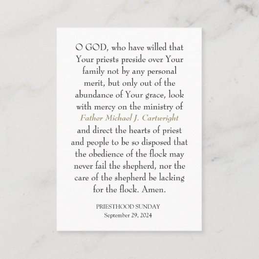 PRIESTERSCHAP ZONDAG GEPERSONALISEERDE GEBED KAART PLAATSKAARTJE (Achterkant)