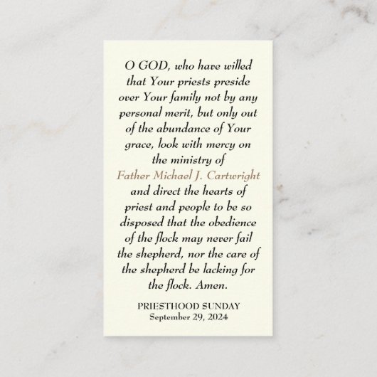 PRIESTERSCHAP ZONDAG GEPERSONALISEERDE GEBED KAART PLAATSKAARTJE (Achterkant)